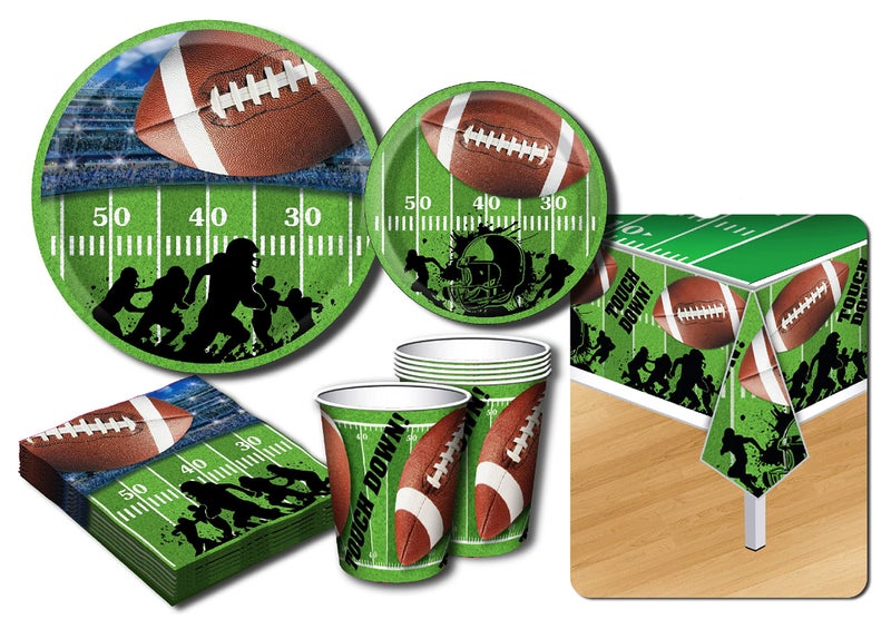 Matty's Toy Stop Deluxe Football Theme Party Supplies Set for 20 People, Includes 20 Large Plates, 20 Small Plates, 20 Napkins, 20 Cups & 2 Table Covers - Perfect for Gameday or Birthday (82 Pieces Total) - Image 1